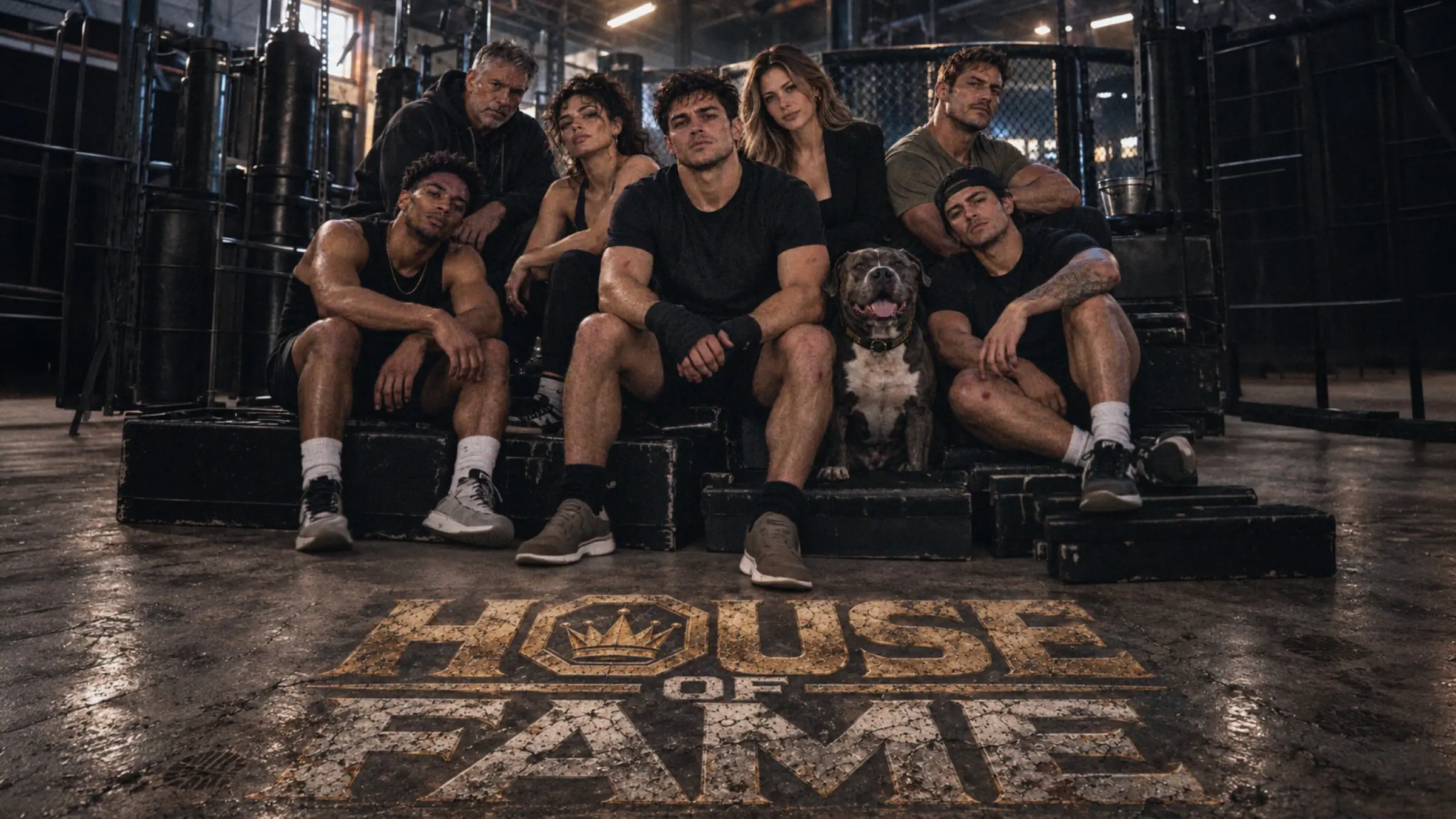 The Crucible crew gathered on gym steps around Jake, the House of Fame crest painted on the concrete floor