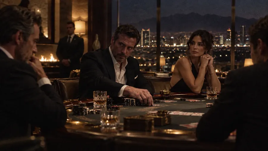 A high-stakes card table above the city