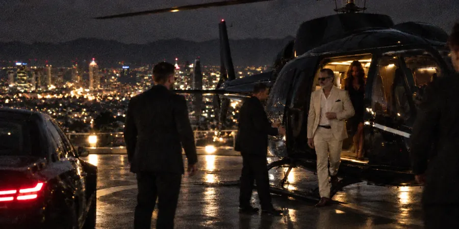 Private helicopter on a night helipad
