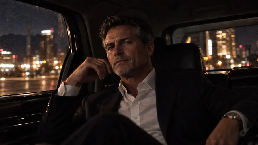 Connor in the back of a town car